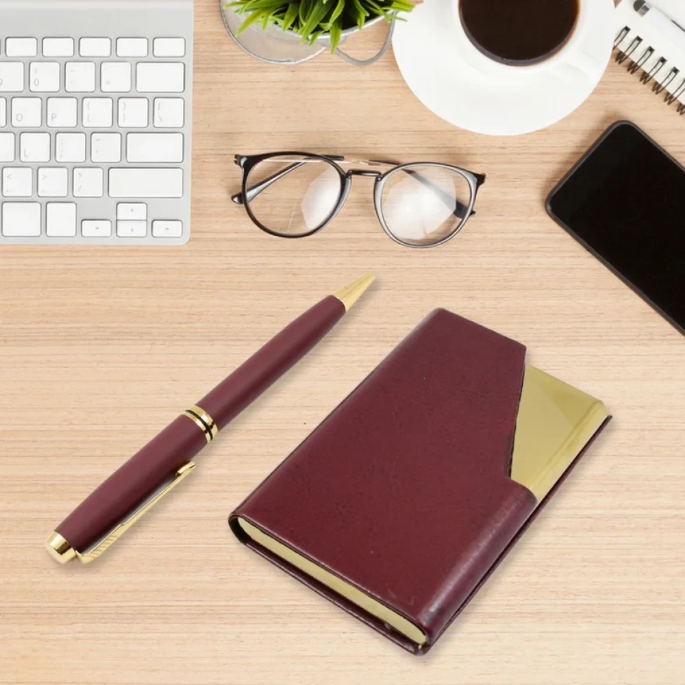 JEEZSA Leather Professional Business Visiting Card Case With Luxury Ballpoint Blue Pens (2 Pc Set / With Gift Box)