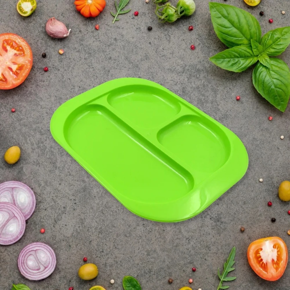 JEEZSA Plastic Food Plates / Biodegradable 3 Compartment Square Plate With Spoon for Food Snacks / Nuts / Desserts Plates for Kids, Reusable Plates for Outdoor, Camping, BPA-free (1 Pc)