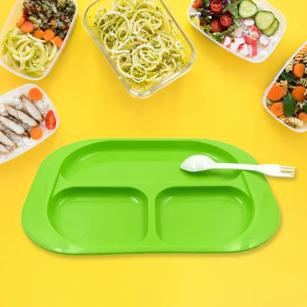 JEEZSA Plastic Food Plates / Biodegradable 3 Compartment Square Plate With Spoon for Food Snacks / Nuts / Desserts Plates for Kids, Reusable Plates for Outdoor, Camping, BPA-free (1 Pc)