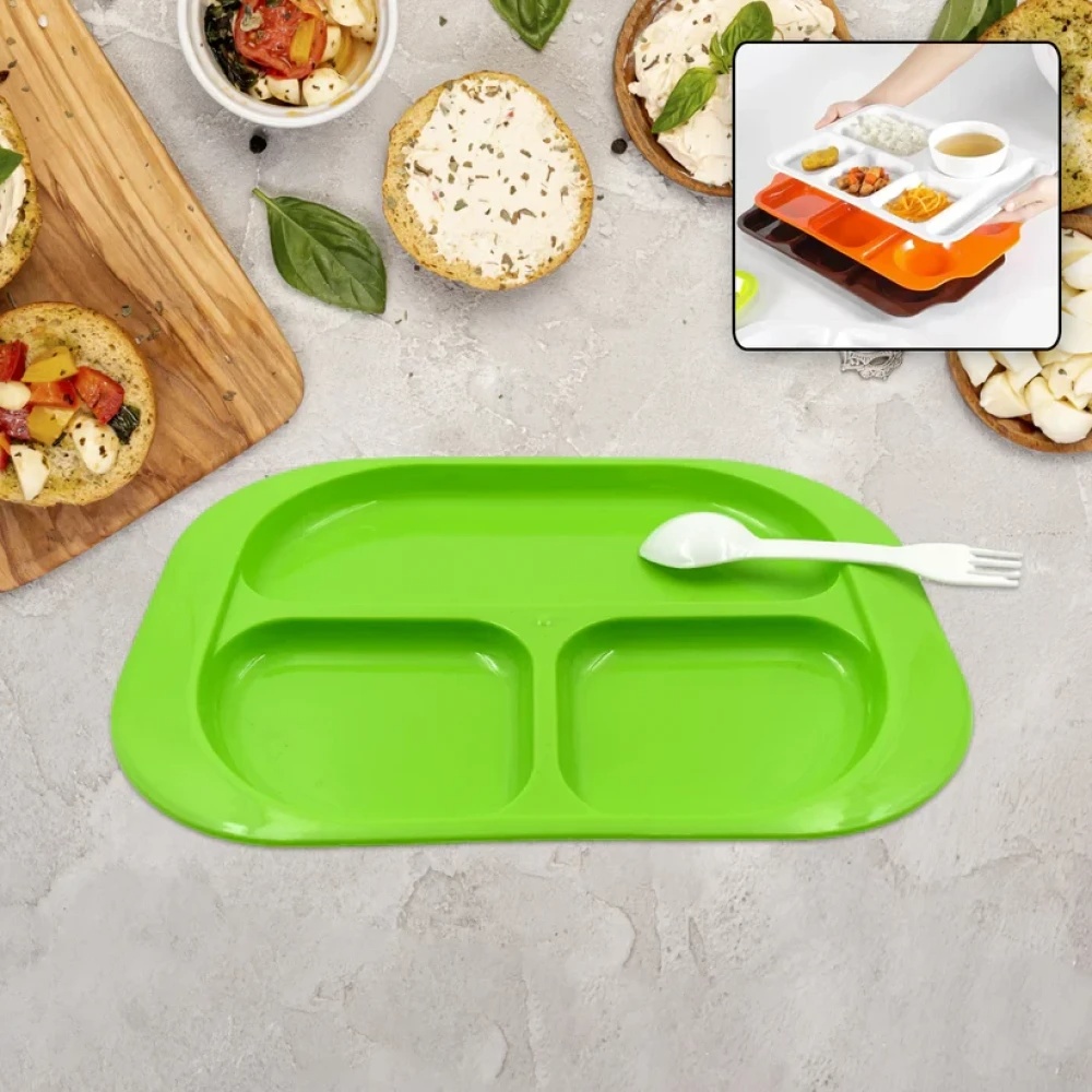 JEEZSA Plastic Food Plates / Biodegradable 3 Compartment Square Plate With Spoon for Food Snacks / Nuts / Desserts Plates for Kids, Reusable Plates for Outdoor, Camping, BPA-free (1 Pc)