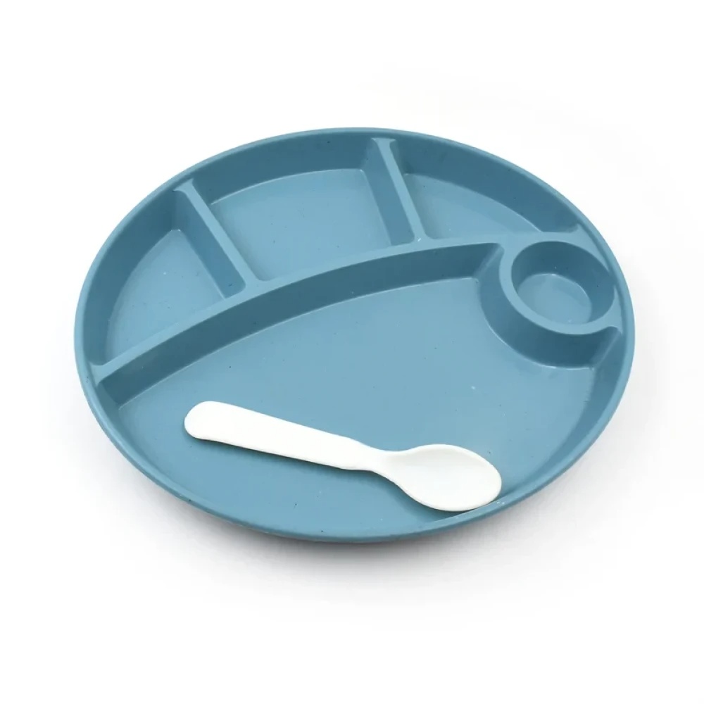 JEEZSA Plastic Food Plates / Biodegradable 5 Compartment Plate With Spoon for Food Snacks / Nuts / Desserts Plates for Kids, Reusable Plates for Outdoor, Camping, BPA-free (1 Pc)